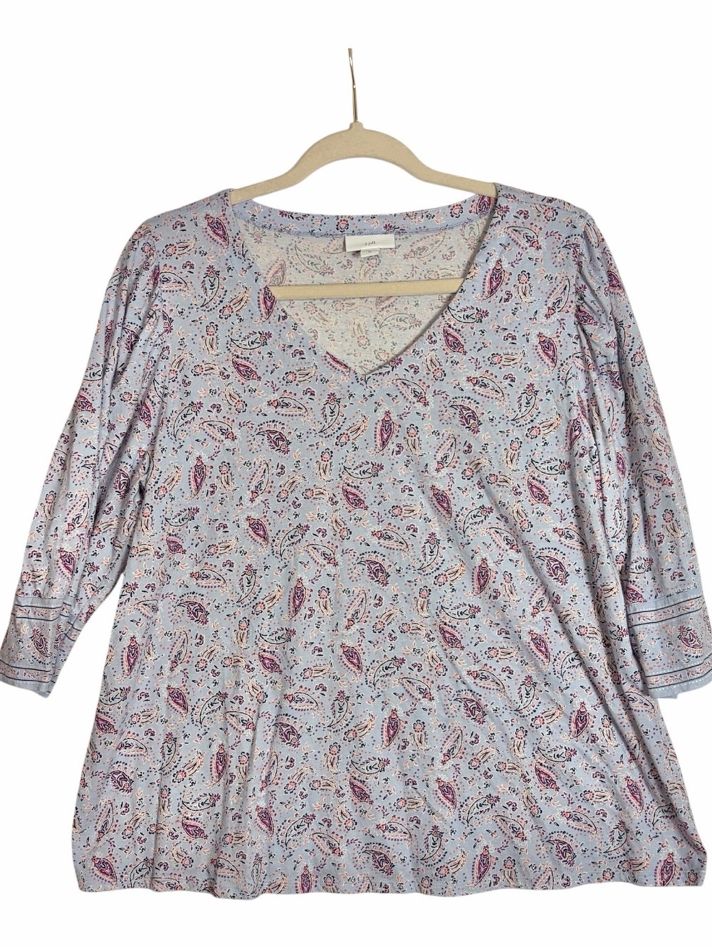 J Jill V-Neck Top Women M Blue Purple Paisley Tee 3/4 Sleeve 100% Cotton Casual